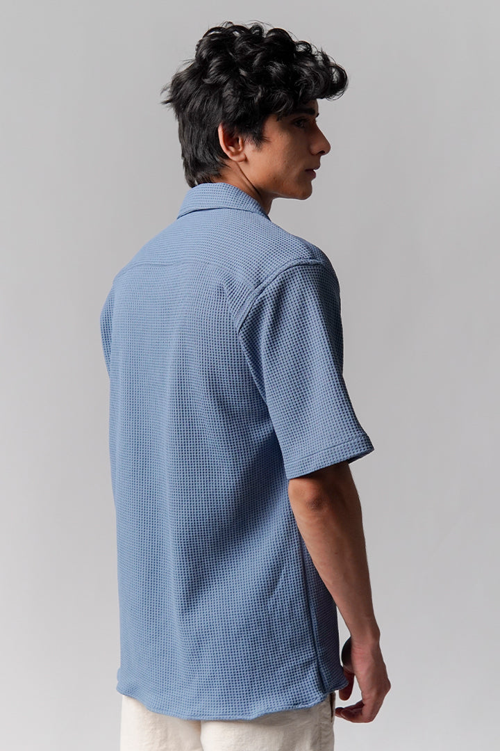 Waffle Knit Cuban Shirt - Steel Blue - FA