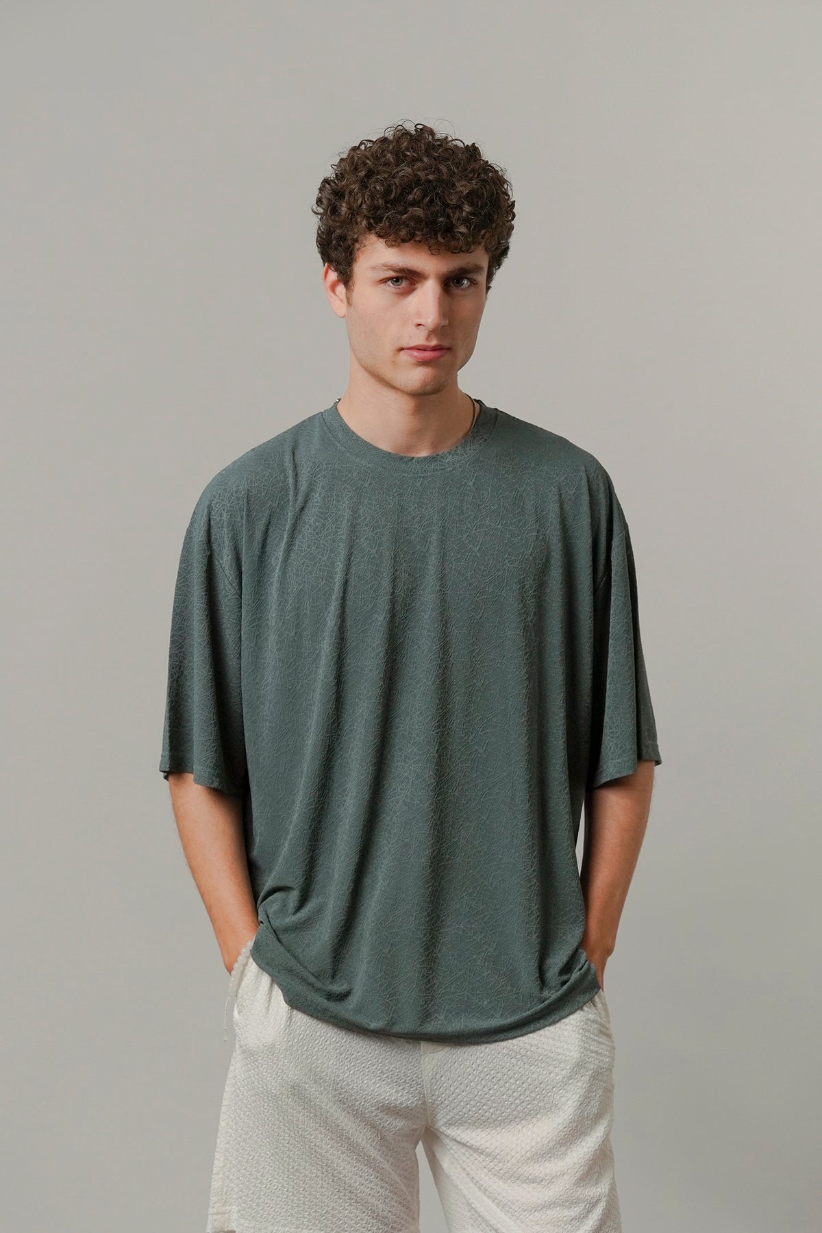Oversized Texture Crew T-Shirt - Olive Green alternate view