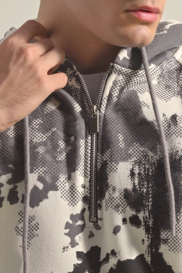 Printed Half Zipper Hoodie - Black & White alternate view