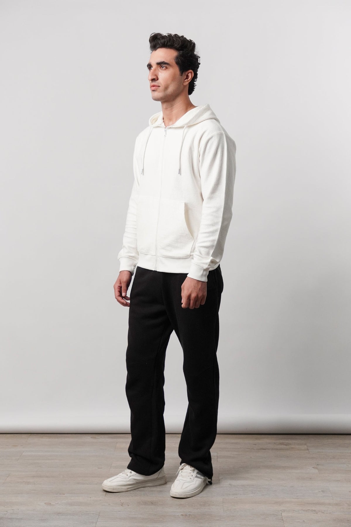 Textured Zipper Hoodie - White - FA