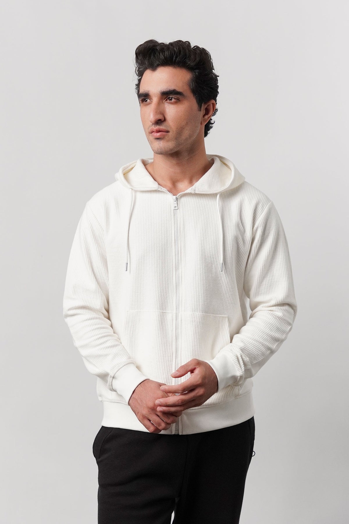 Textured Zipper Hoodie - White - FA