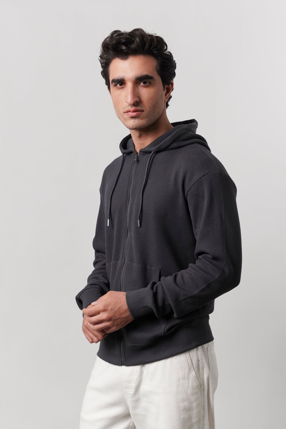 Textured Zipper Hoodie - Charcoal Grey - FA alternate view