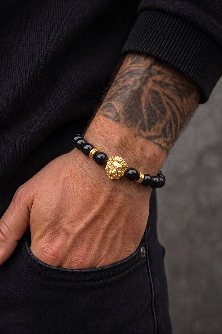 Glossy Black Onyx Gold Lion Bracelet alternate view