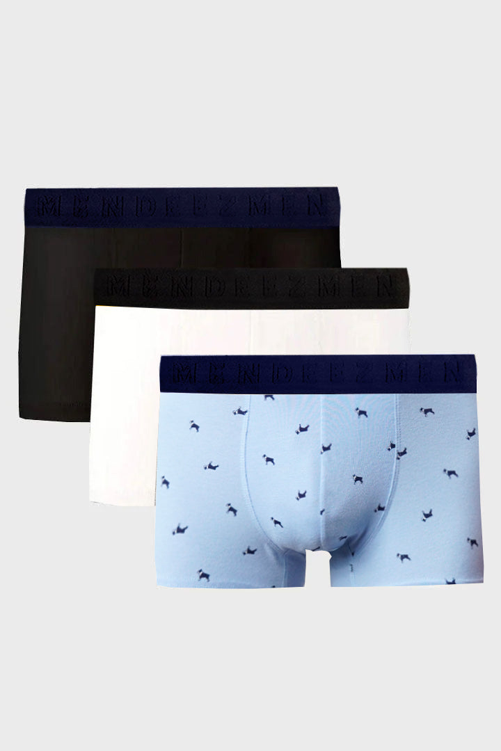 Boxer Trunks - Black, White & Printed Sky Blue Pack Of 3