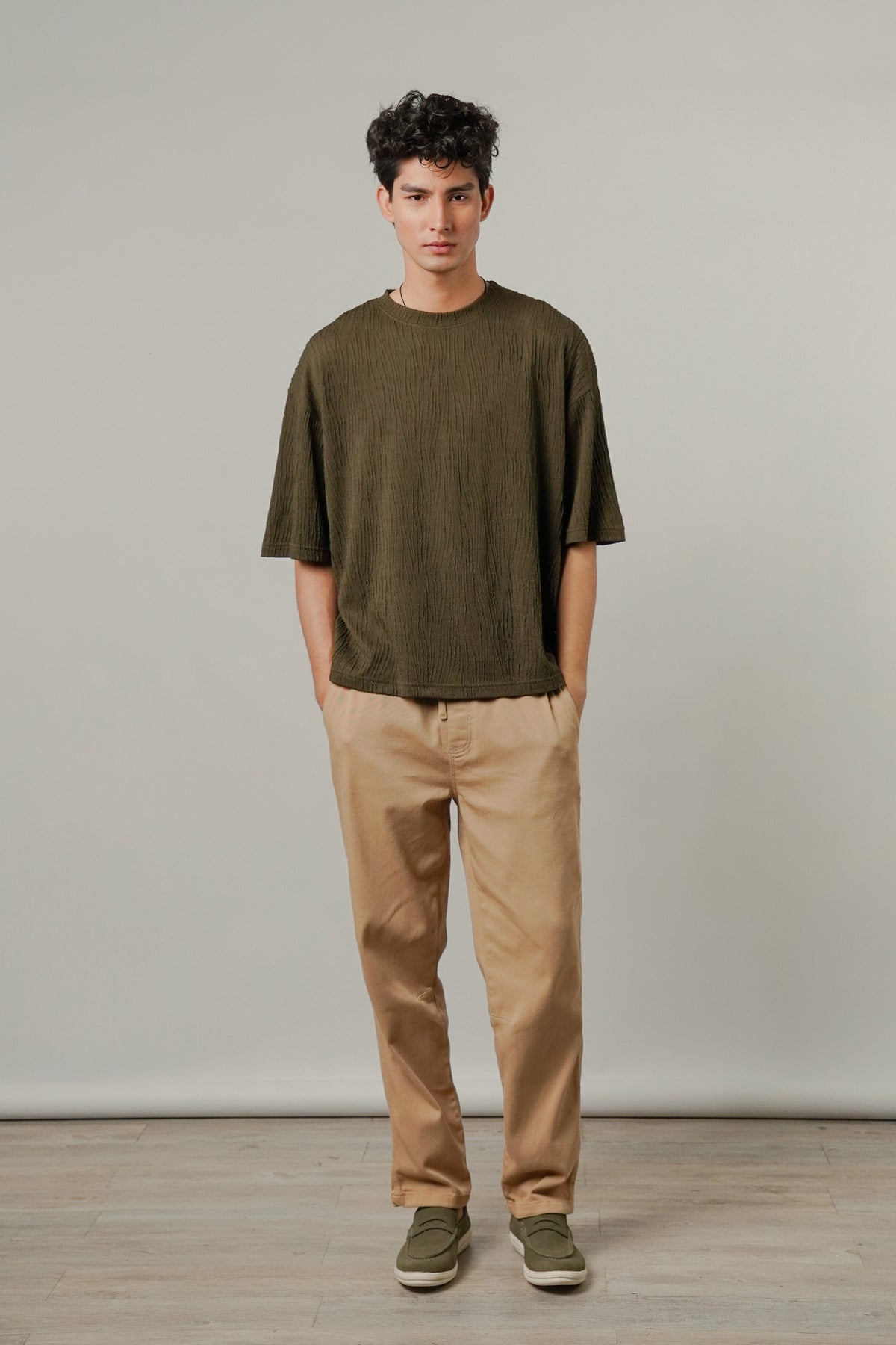 Oversized Textured Tee - Olive Green