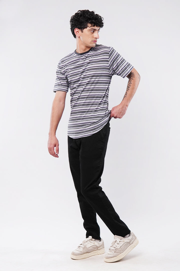 Striped Curved Hem T-Shirt - Heather Grey