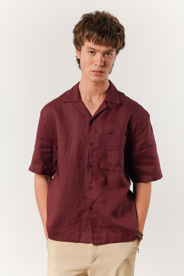 Box Fit Cuban Shirt - Maroon