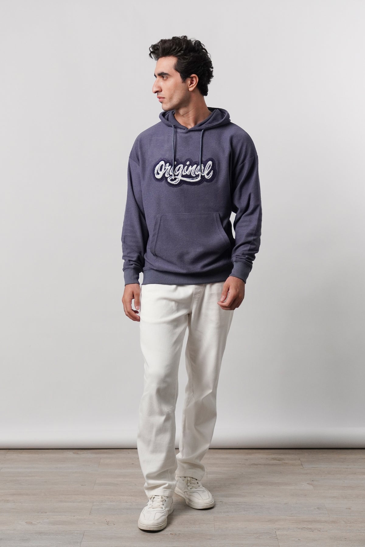 Pullover Embroidered Hoodie - Greyish Blue