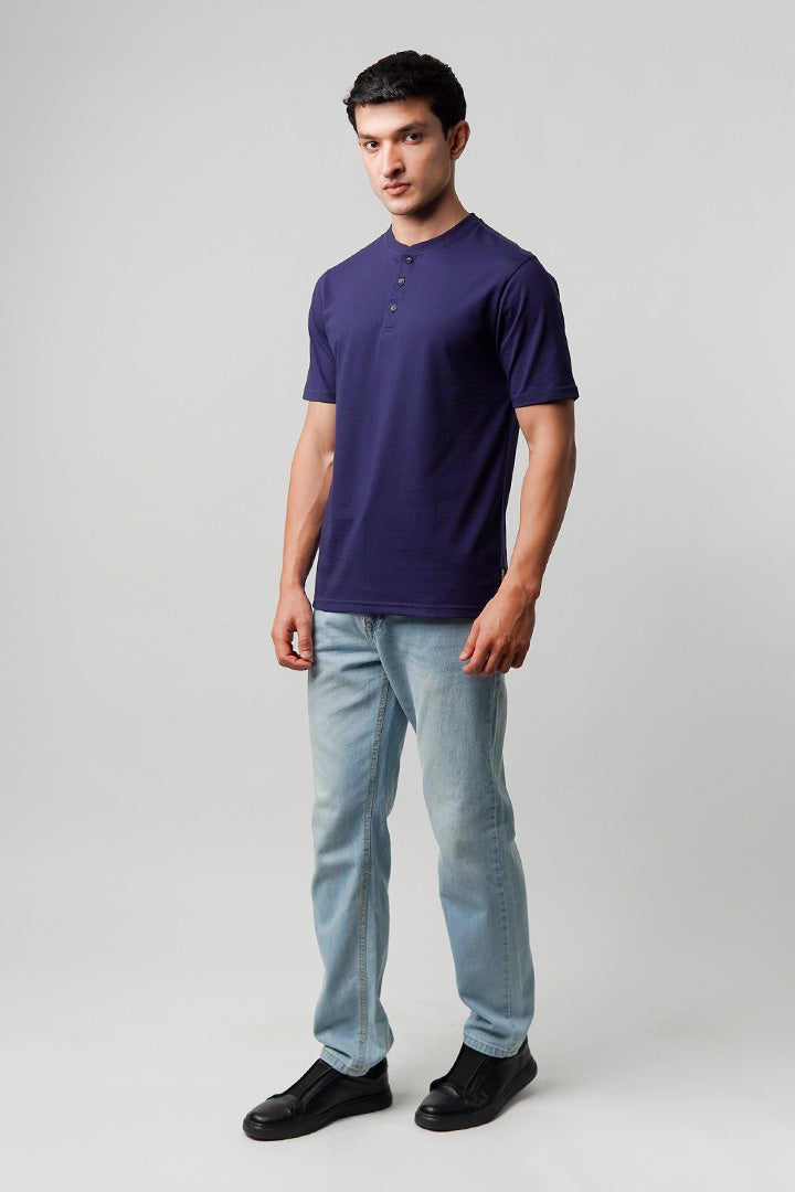Regular Fit Henley T-Shirt - Navy Blue