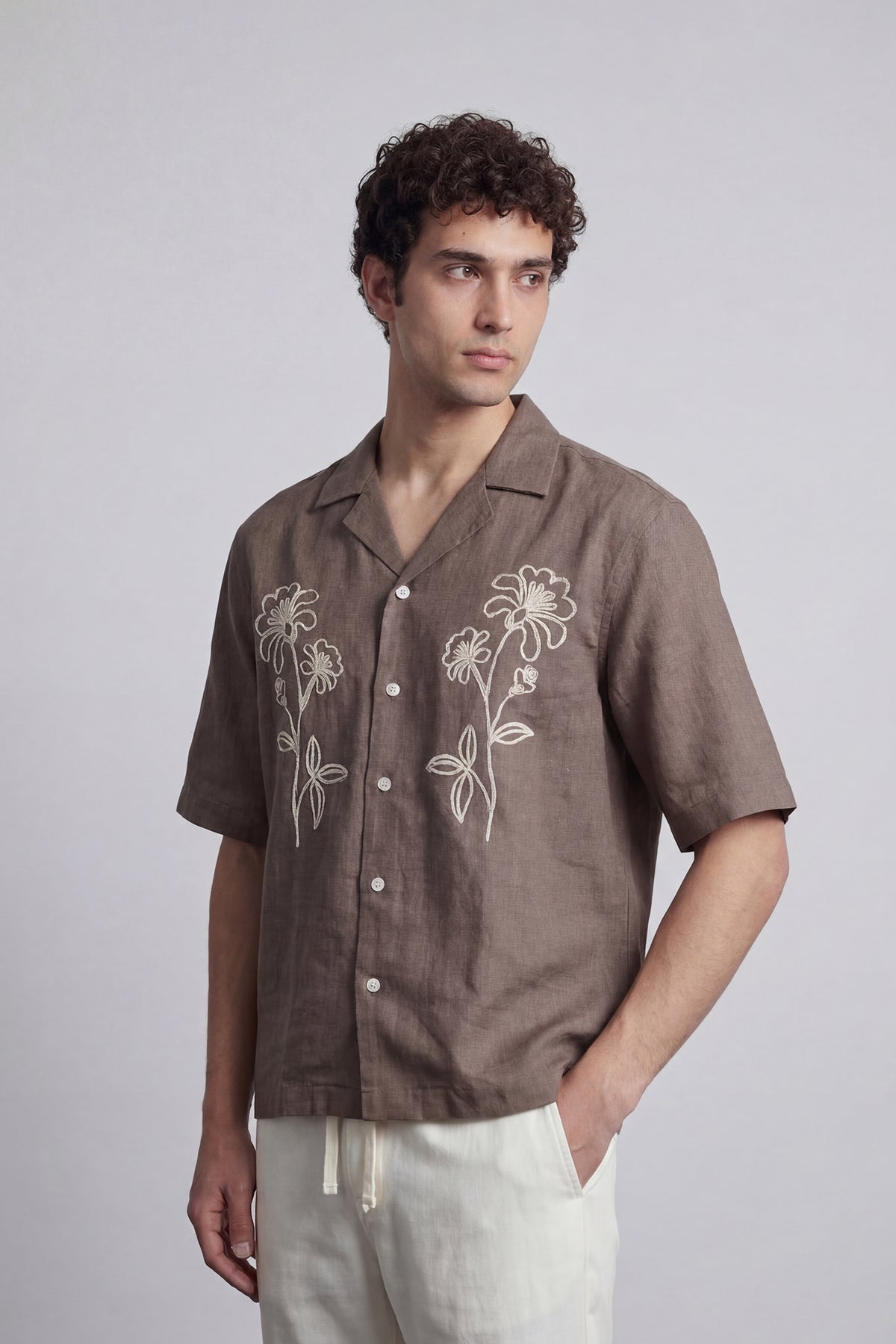 Embroidered Cuban Shirt - Brown