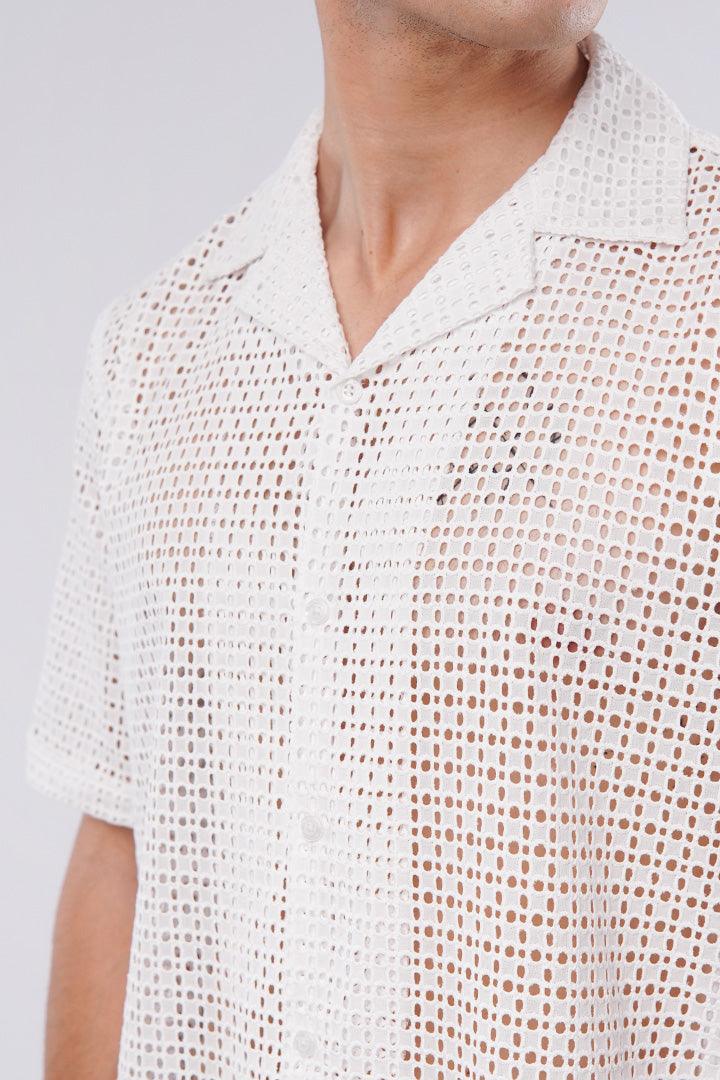Embroidered Cut Out Cuban Shirt - White alternate view