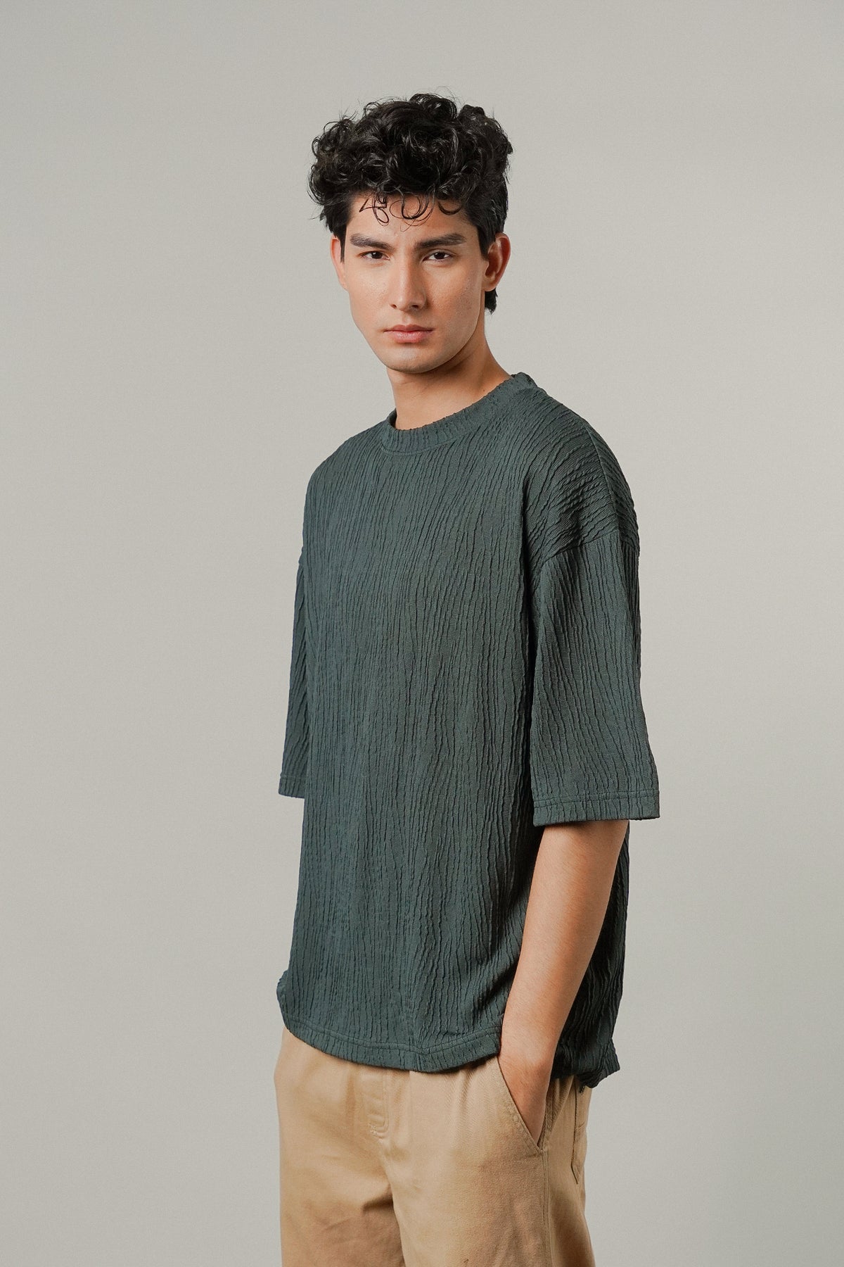 Oversized Textured Tee - Charcoal Green