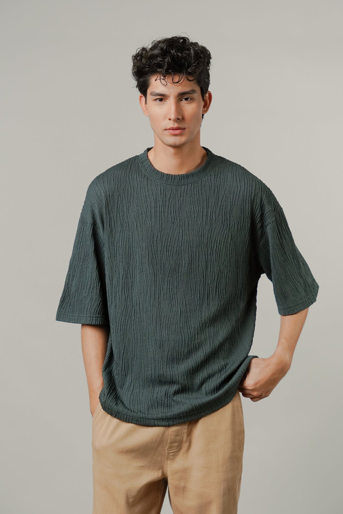 Oversized Textured Tee - Charcoal Green